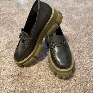 Women's Black Loafers with Army Green Soles
